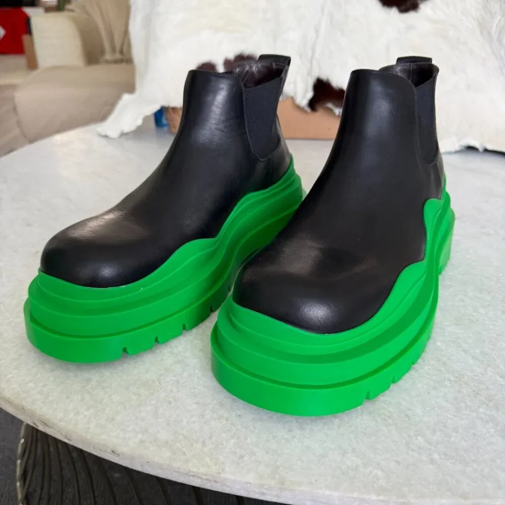 Bottega Veneta Military Calf Black Leather Green Tire Ankle Boot 630281, sz 42.5